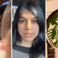 customer stretching over the counter (l) woman shares starbucks experience (c) Starbucks entrance (r)