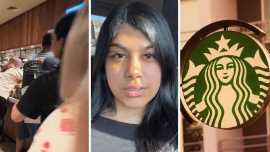 customer stretching over the counter (l) woman shares starbucks experience (c) Starbucks entrance (r)