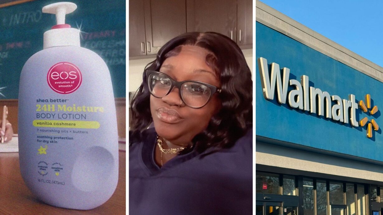 EOS lotion (l) woman shares walmart observation (c) walmart storefront (r)