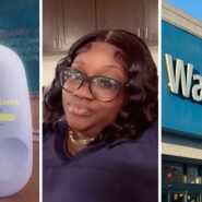 EOS lotion (l) woman shares walmart observation (c) walmart storefront (r)