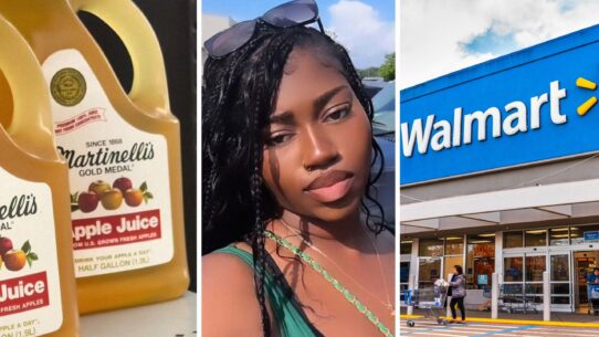 Martinelli's Apple Juice (l) woman shares walmart encounter (c) walmart storefront (r)