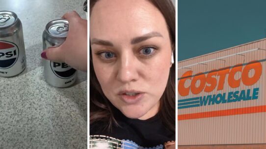Pepsi soda (l) woman shares soda purchase issue (c) Costco storefront (r)