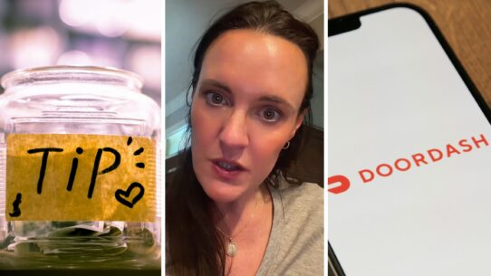tip jar (l) woman shares doordash experience (c) doordash app (r)