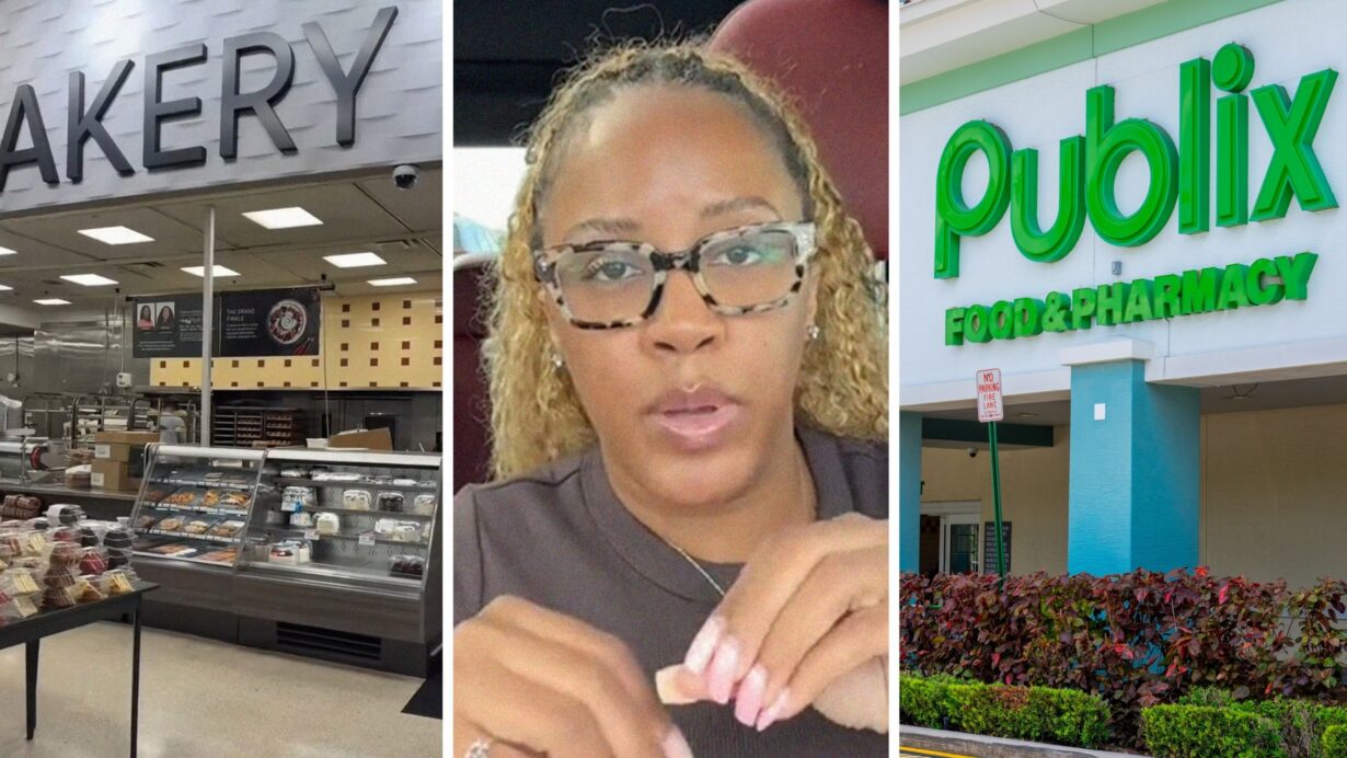 bakery area (l) woman shares cake order issue (c) Publix storefront (r)