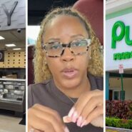 bakery area (l) woman shares cake order issue (c) Publix storefront (r)