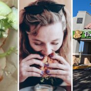 Panera sandwich (l) woman eating a sandwich (c) Panera Bread entrance (r)