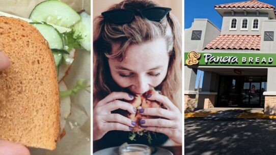 Panera sandwich (l) woman eating a sandwich (c) Panera Bread entrance (r)