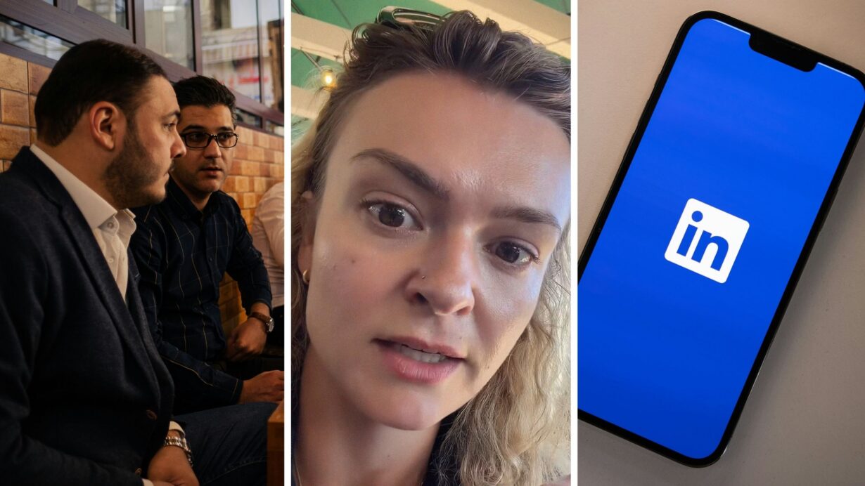 business men out for lunch (l) woman shares lunch encounter (c) Linkedln app (r)