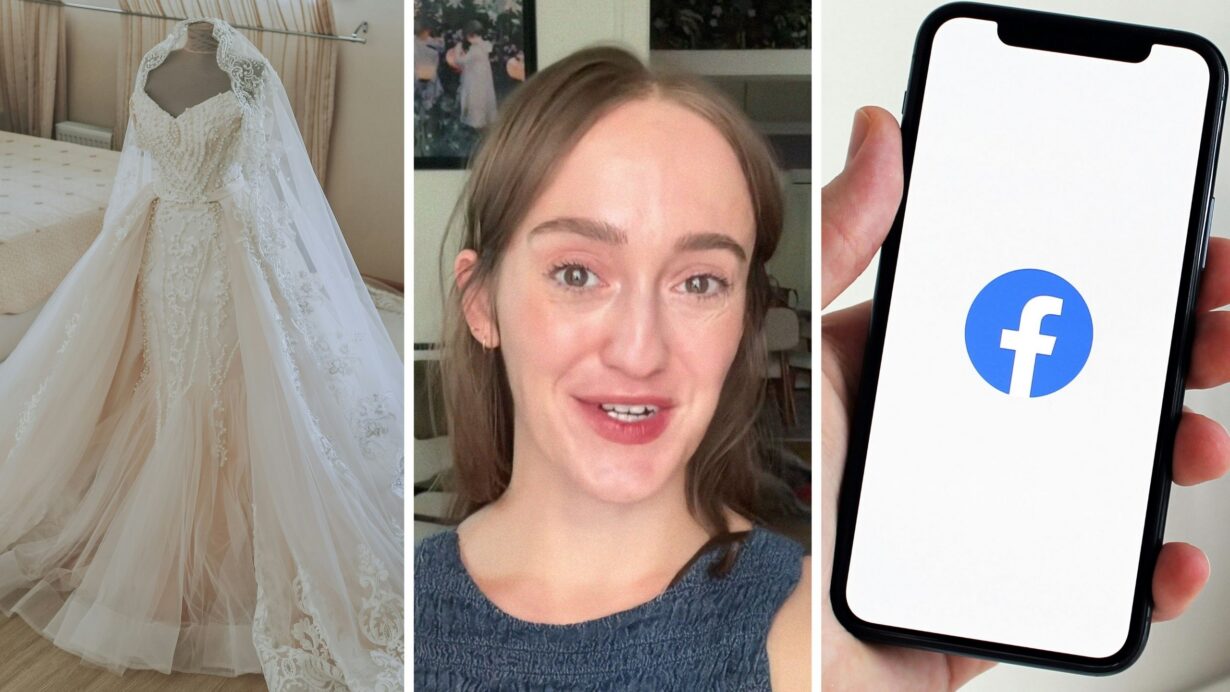 wedding gown (l) woman shares social media issue (c) facebook app (r)
