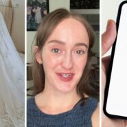 wedding gown (l) woman shares social media issue (c) facebook app (r)
