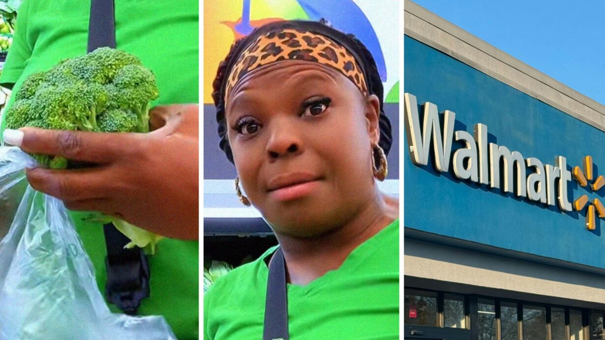 stalk of broccoli (l) woman shares walmart issue (c) walmart storefront (r)