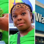 stalk of broccoli (l) woman shares walmart issue (c) walmart storefront (r)