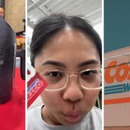 used air fryer (l) woman shares costco return experience (c) Costco storefront (r)