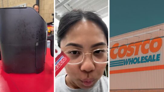 used air fryer (l) woman shares costco return experience (c) Costco storefront (r)
