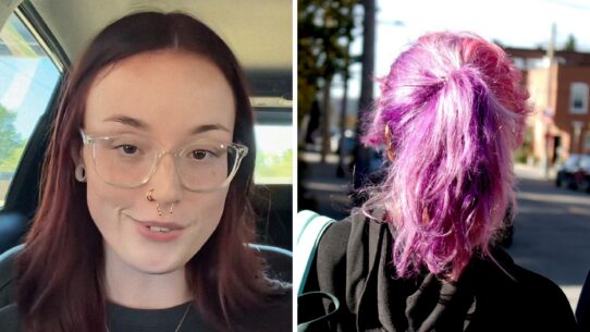 woman shares co-parenting issue (l) little girl with purple hair (r)