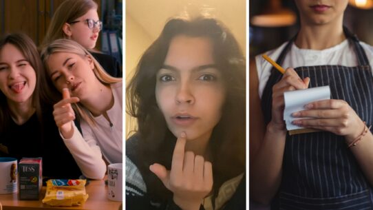 table of teens eating out (l) woman shares a day in the job (c) waitress taking orders (r)