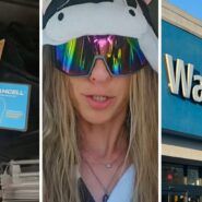 black sneakers (l) woman shares walmart shoe issue (c) walmart storefront (r)