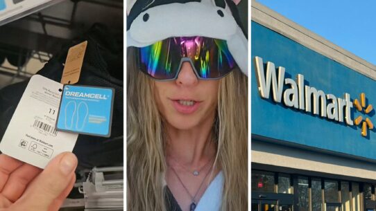black sneakers (l) woman shares walmart shoe issue (c) walmart storefront (r)