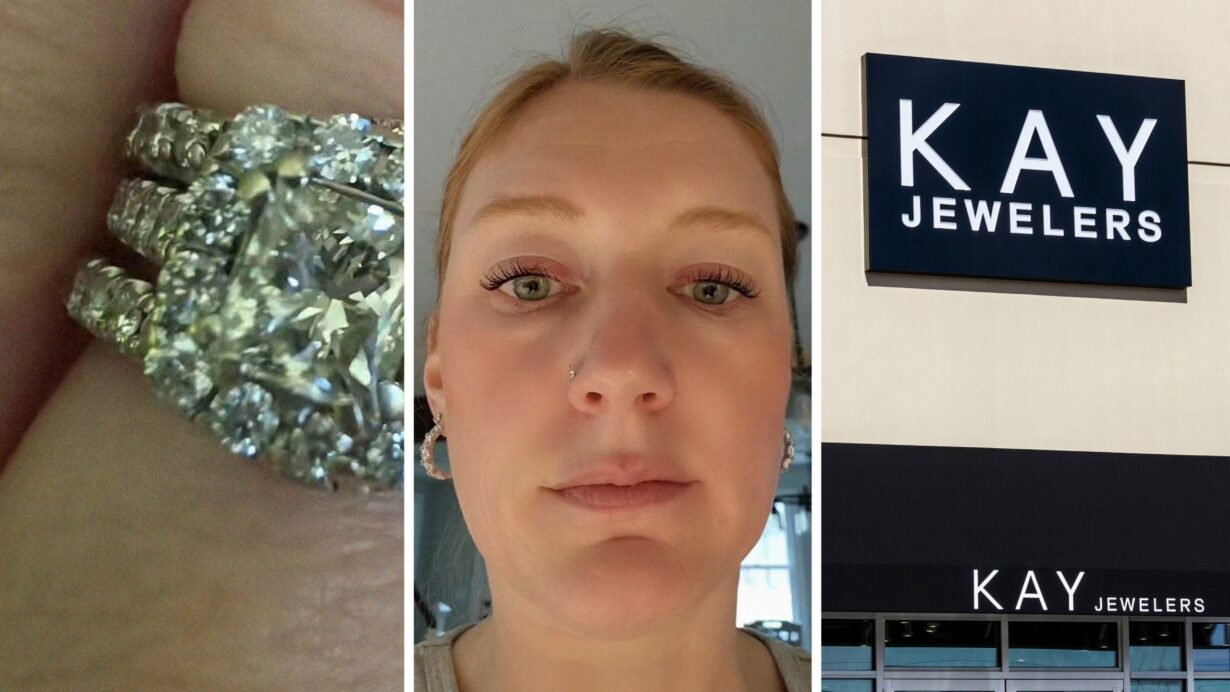 diamond ring (l) woman shares ring issue (c) Kay's jewelers entrance (r)