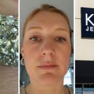 diamond ring (l) woman shares ring issue (c) Kay's jewelers entrance (r)