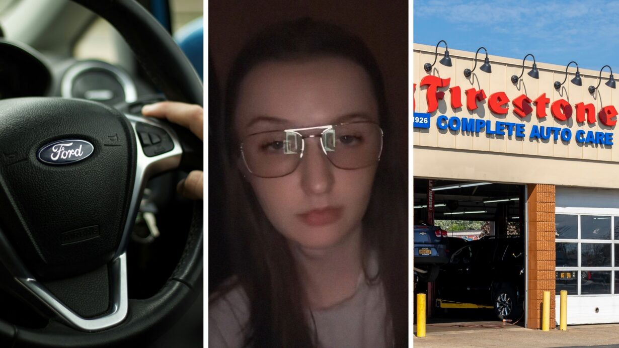 Ford driver (l) woman shares car experience (c) Firestone garage (r)