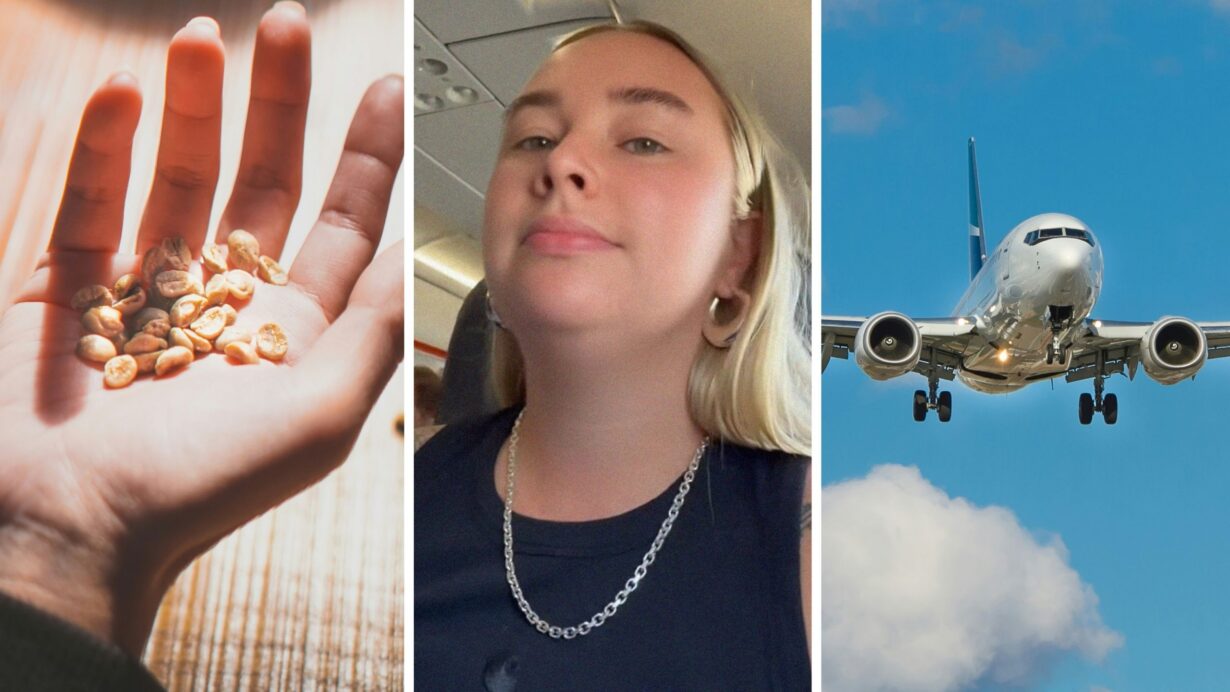 peanuts on hand (l) woman shares travelling struggles (c) Plane on the go (r)