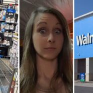 kid on mobility scooter (l) woman shares walmart issue (c) walmart storefront (r)