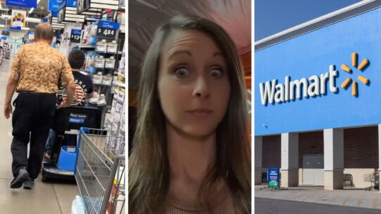 kid on mobility scooter (l) woman shares walmart issue (c) walmart storefront (r)