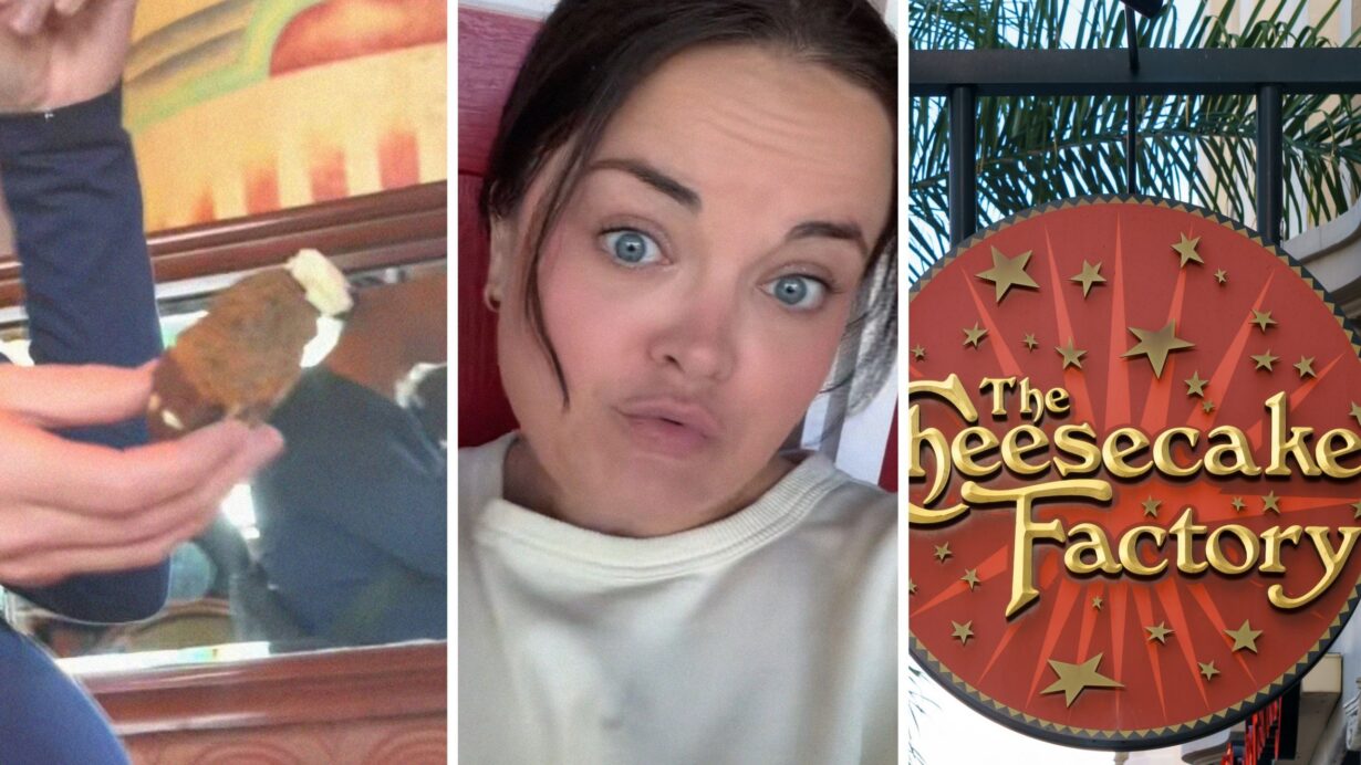 bread and butter on hand (l) woman shares The cheesecake factory experience (c) The cheesecake factory entrance (r)