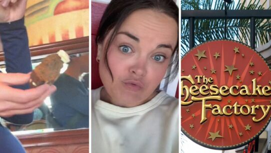 bread and butter on hand (l) woman shares The cheesecake factory experience (c) The cheesecake factory entrance (r)