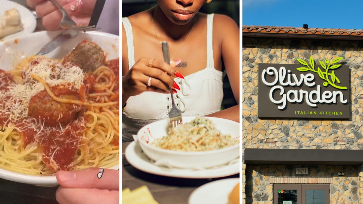 bowl of pasta (l) woman orders pasta (c) Olive garden entrance (r)