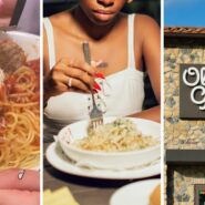 bowl of pasta (l) woman orders pasta (c) Olive garden entrance (r)