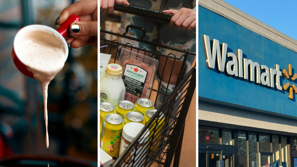 creamy dressing (l) woman shares walmart shopping experience (c) walmart storefront (r)
