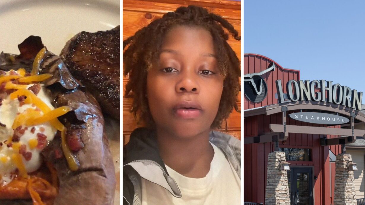 baked potato and steak (l) woman shares Longhorn steakhouse experience (c) Longhorn Steakhouse (r)
