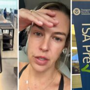 Security area in an airport (l) woman shares TSA experience (c) TSA sign (r)