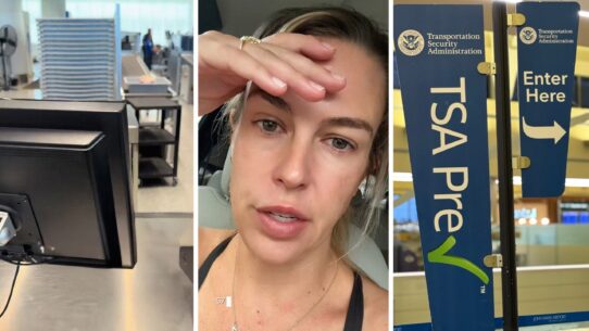 Security area in an airport (l) woman shares TSA experience (c) TSA sign (r)