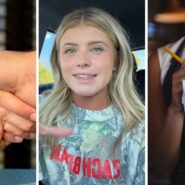 man shakes woman's hand (l) woman shares job experience (c) waitress on duty (r)