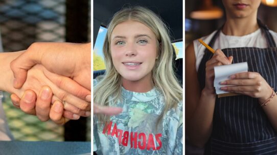 man shakes woman's hand (l) woman shares job experience (c) waitress on duty (r)