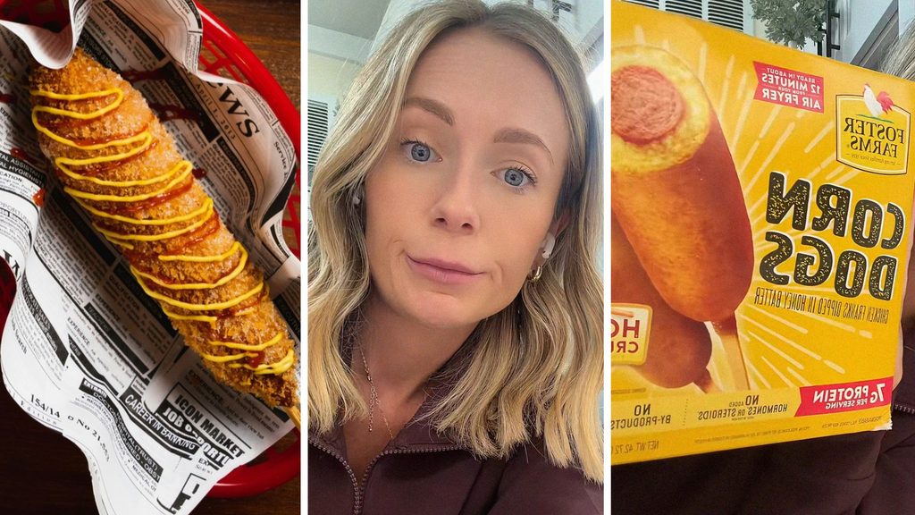 Crispy corn dog (l) woman shares food purchase concern (c) Foster Farms corn dogs (r)