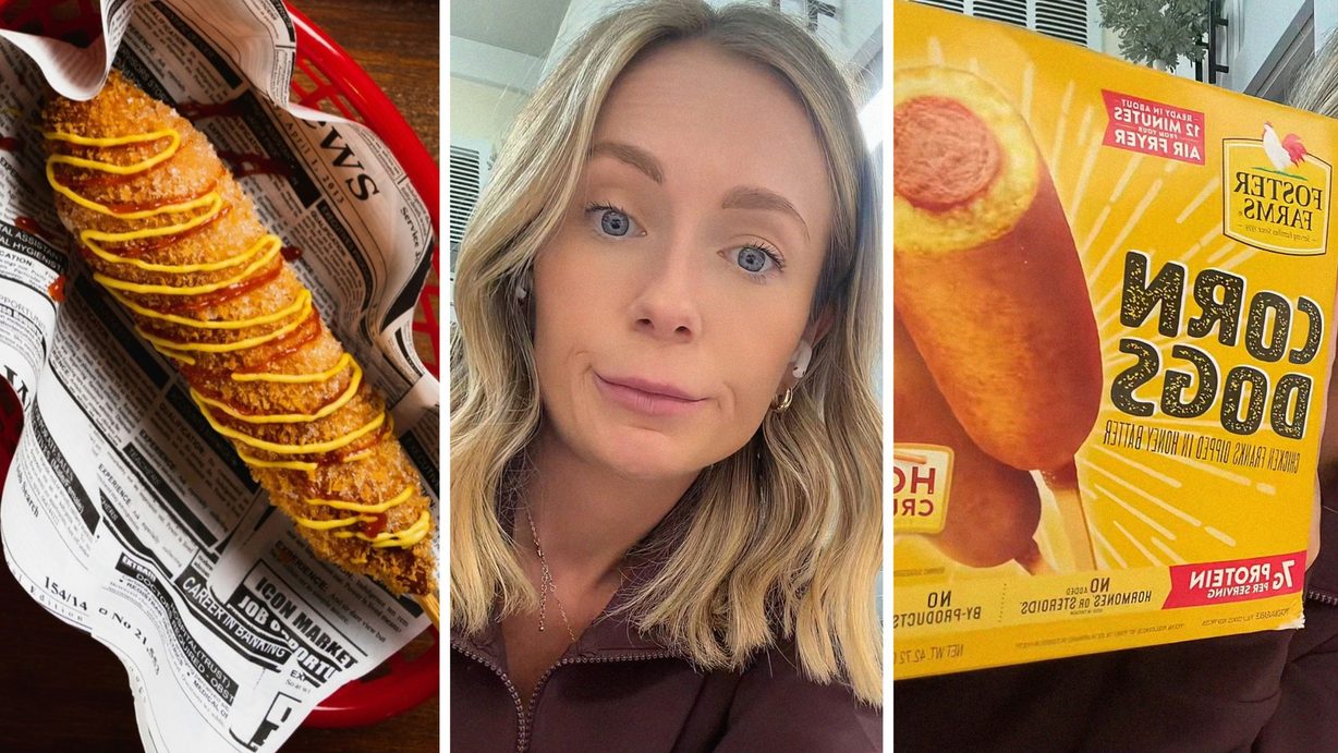Crispy corn dog (l) woman shares food purchase concern (c) Foster Farms corn dogs (r)