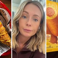 Crispy corn dog (l) woman shares food purchase concern (c) Foster Farms corn dogs (r)