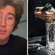 Bartender shares bar habit (l) Bartender pouring alcohol (r)