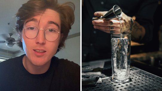 Bartender shares bar habit (l) Bartender pouring alcohol (r)