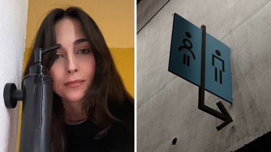 woman shares restroom observation (l) restroom sign (r)