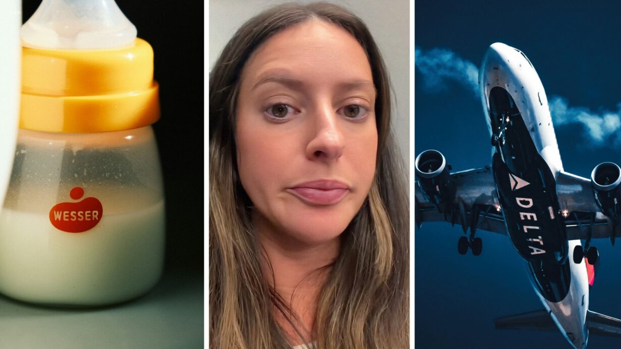 breast milk in a bottle (l) woman shares travelling experience (c) Delta airlines (r)