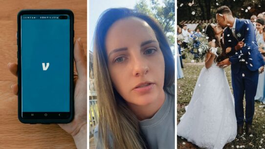 Venmo app (l) woman shares wedding invitation issue (c) wedding ceremony (r)