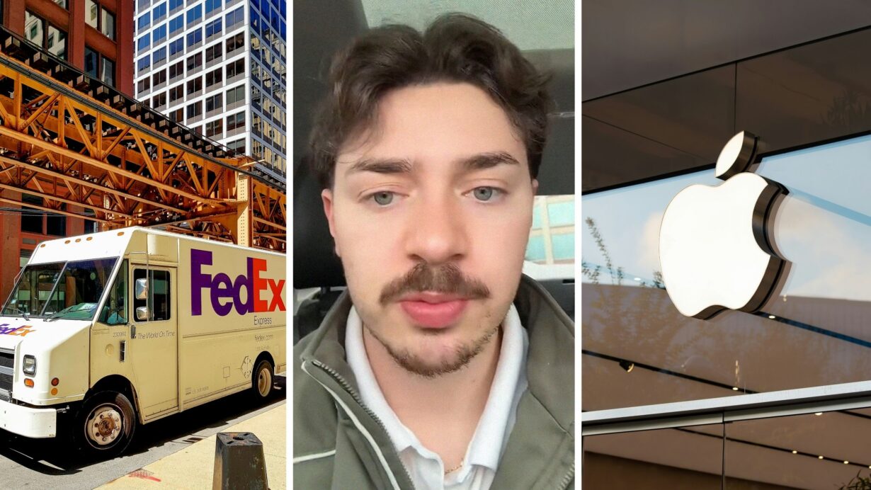 FedEx delivery (l) man shares iPhone order issue (c) Apple storefront (r)