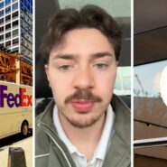 FedEx delivery (l) man shares iPhone order issue (c) Apple storefront (r)