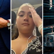man in business attire (l) woman shares train experience (c) Train on the go (r)
