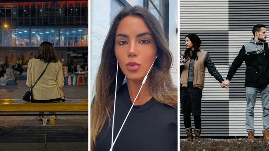 woman sitting alone (l) woman shares relationship experience (c) distant couple (r)